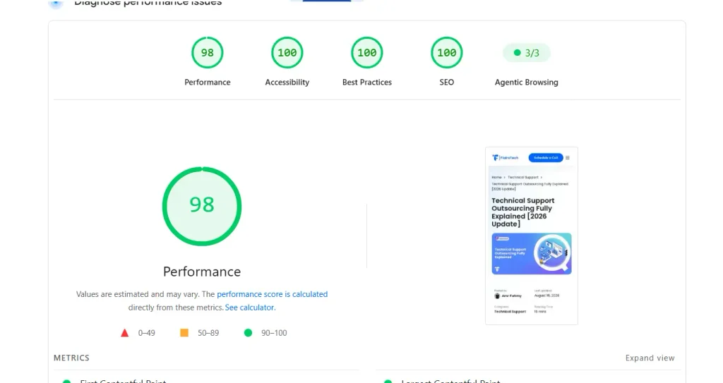 Mobile lab audit for single blog page
98 Performance, with 100 for Accessibility, Best Practices, and SEO. 