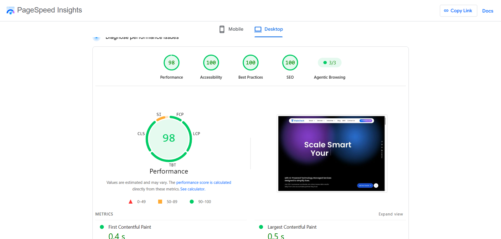 Google PageSpeed Insights showing a 98 desktop performance score and scores of 100 for accessibility, best practices, and SEO on the FlairsTech homepage.