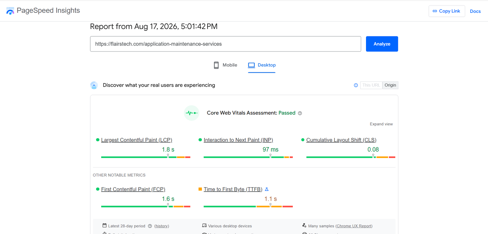 Google PageSpeed Insights showing passed Core Web Vitals for a FlairsTech service page, including 1.8-second LCP, 97-millisecond INP, and 0.08 CLS.